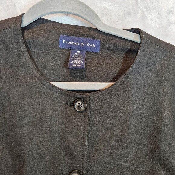 Preston & York Linen Blazer Womens 16 Black flip cuff collarless button career - Picture 9 of 11